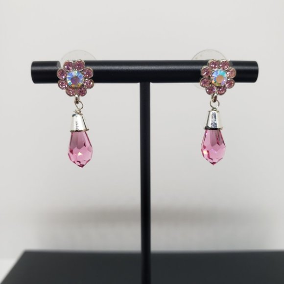Pink/Clear Flower Dangle Drop Earrings - Picture 3 of 6